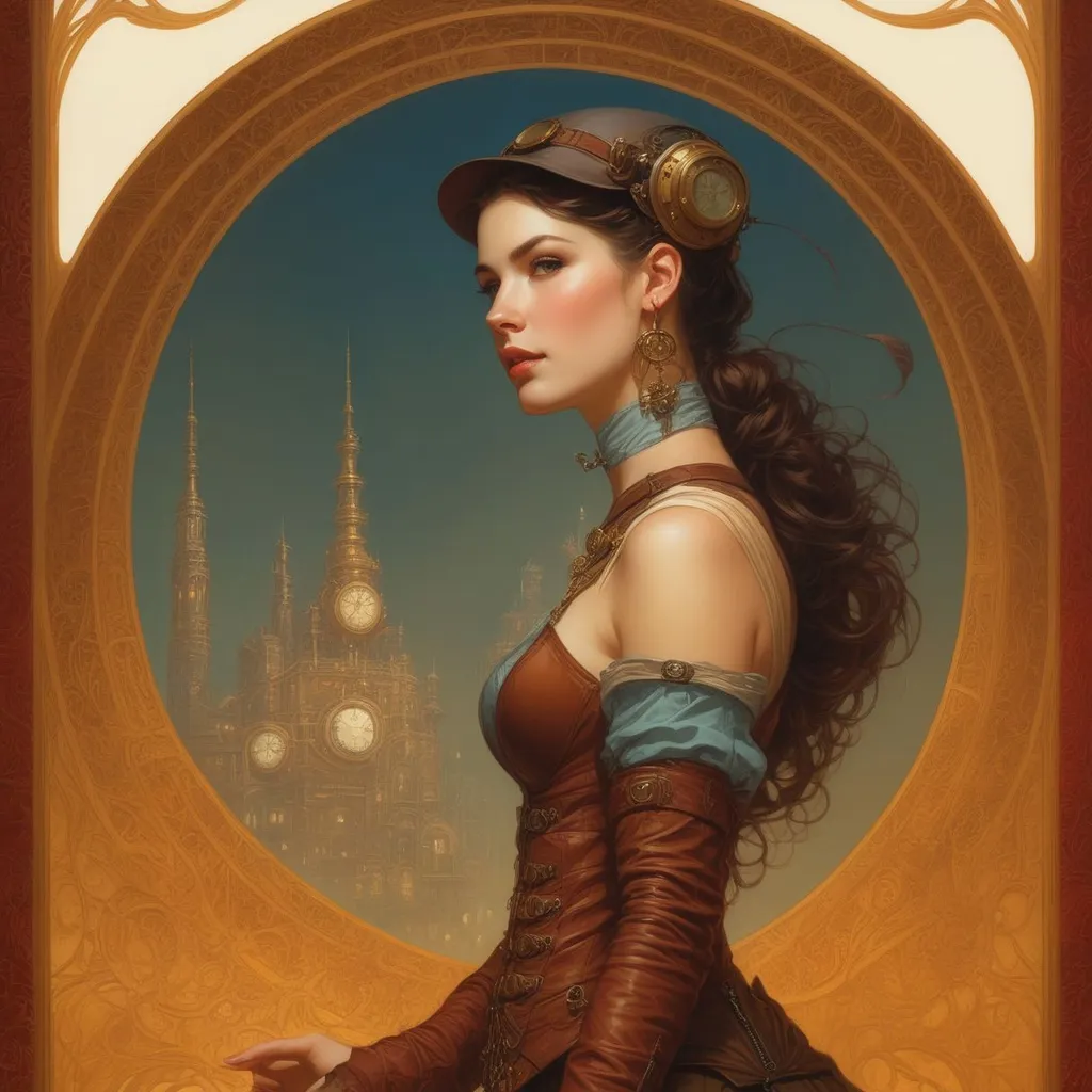 Prompt: a beautiful cottagecore steampunk woman picture by Charlie Bowater, Carl Barks, Greg Rutkowski and Alphonse Mucha, bombshell overknee boots and corsette, red neon light, full body shot, intricate, elegant, the background is chocolate! High detail, square image, centered