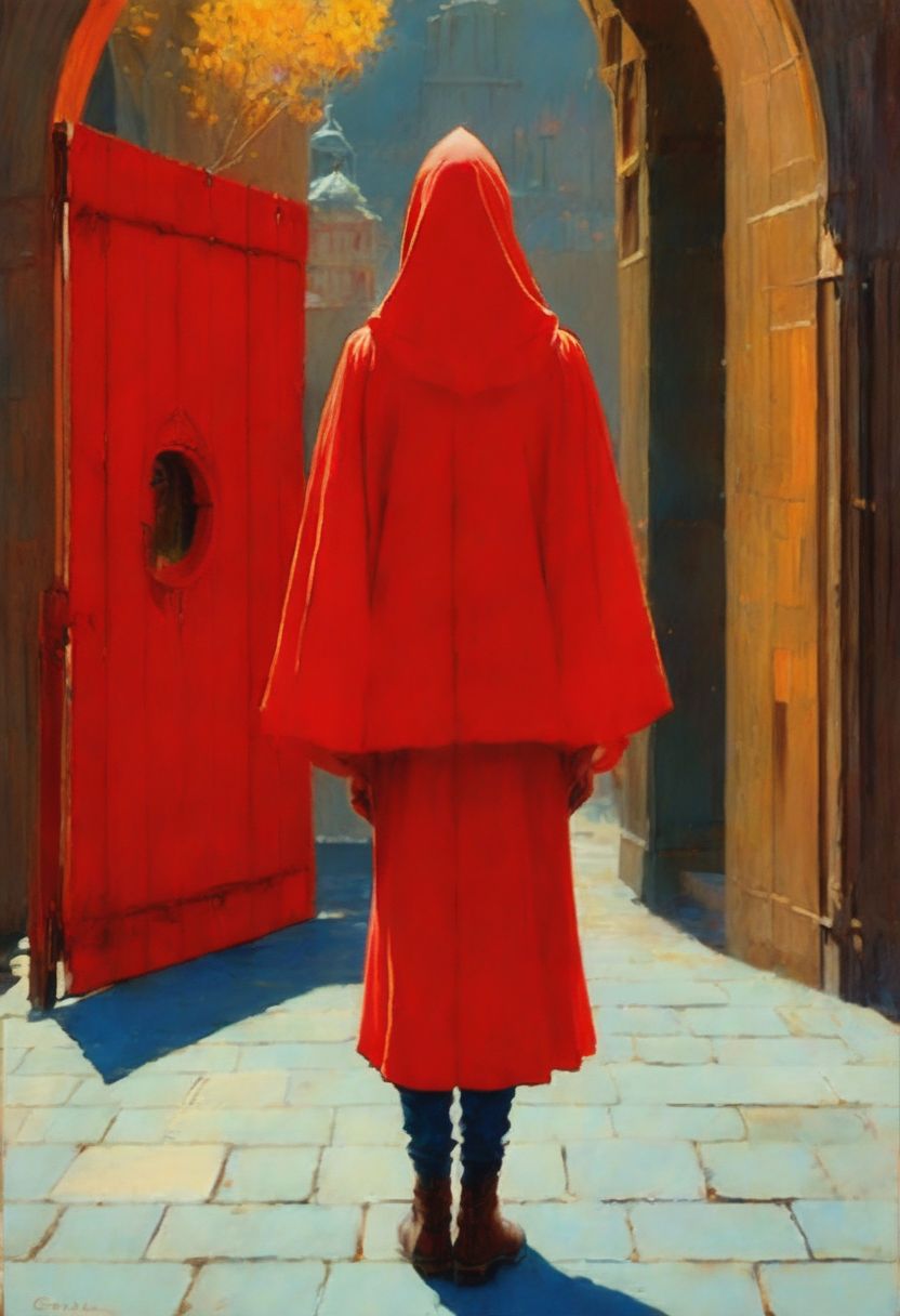 Prompt: a painting of a woman in a red cloak, a surrealist painting, inspired by Jakub Schikaneder, polycount contest winner, michael whelan and gustave dore, beautiful burqa's woman, with her back to the viewer, jehan georges vibert
