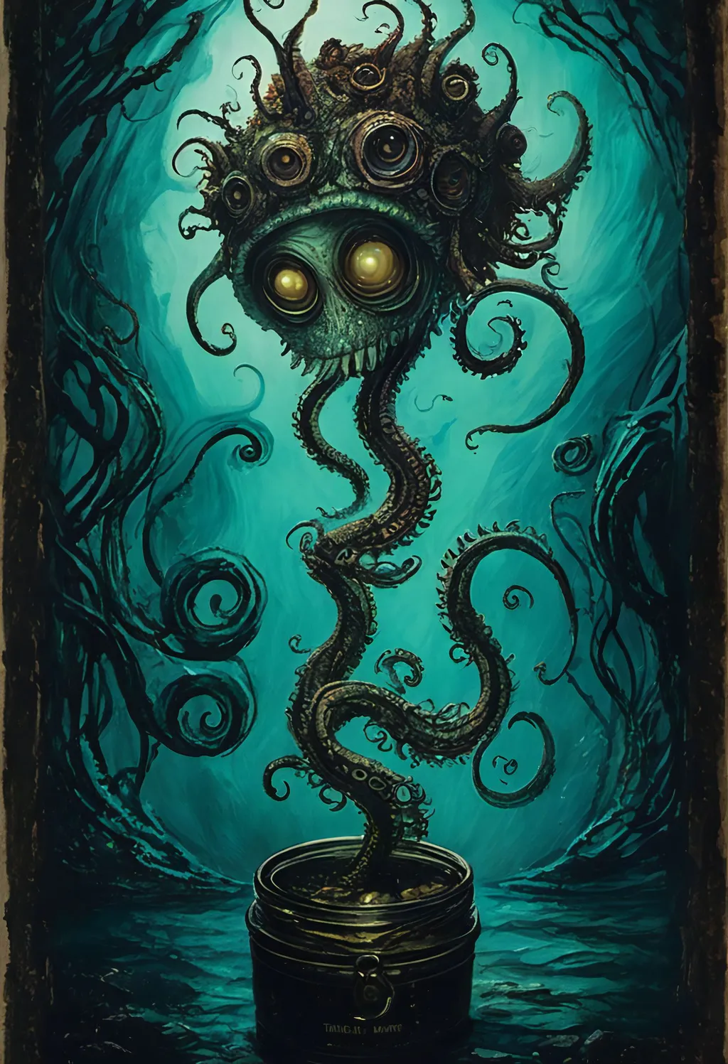 Prompt: small realistic lovecraftian horror monster by Guillermo del Toro trapped in a jar, ↑ ★★★★☆ ✦✦✦✦✦, taschen, TIFF