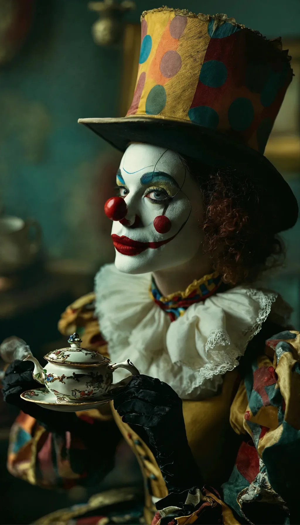 Prompt: a woman wearing a top hat and holding a stuffed animal, inspired by Lise Deharme, drinking tea, editorial photograph, intricate clown costume, by Trevor Brown, still image from tv series, fairytale artwork, teapot, awarded winning photo, antagonist