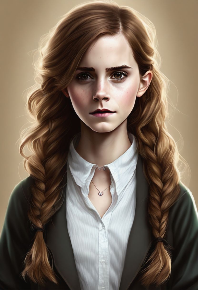 Prompt: best quality, Emma Watson as Hermione Granger with long hair, long dark curly hair, magic school, Hogwarts aesthetic, elegant horror artwork, single character full body, Gryffindor, young girl, detective, emotional sad painting, liberty curls, hawkins, without text, elaine