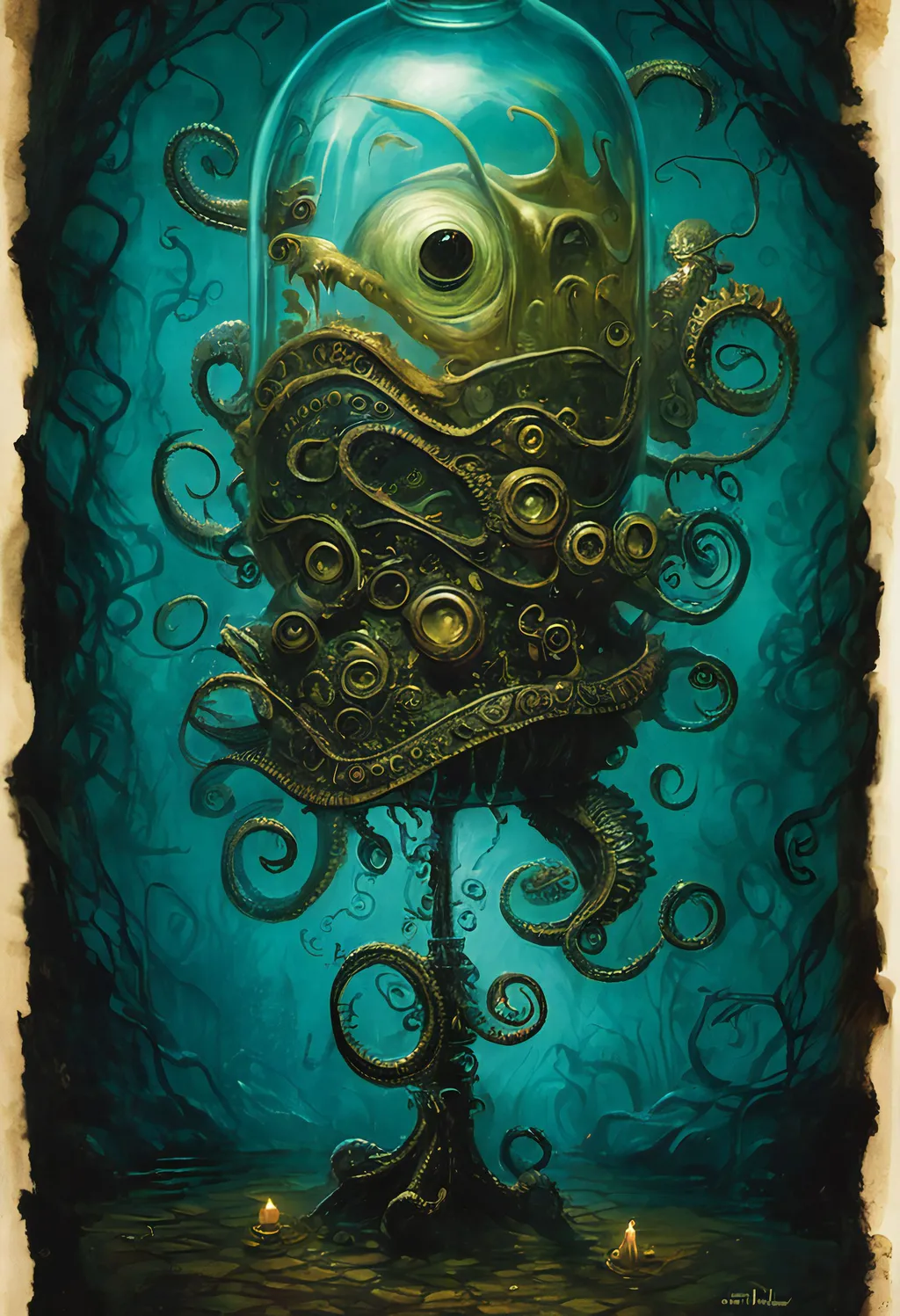 Prompt: small realistic lovecraftian horror monster by Guillermo del Toro trapped in a jar, ↑ ★★★★☆ ✦✦✦✦✦, taschen, TIFF