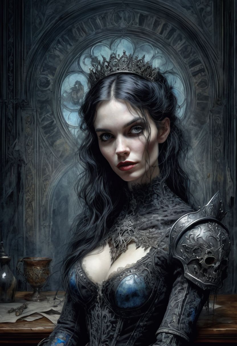 Prompt: raven black hair, bluish face, a painting of a woman sitting at a table, Woman gothic knight necromancer summoner, by Emily Mason, octane render, inspired by Dustin Nguyen, dug stanat, intricate body, taschen, TIFF