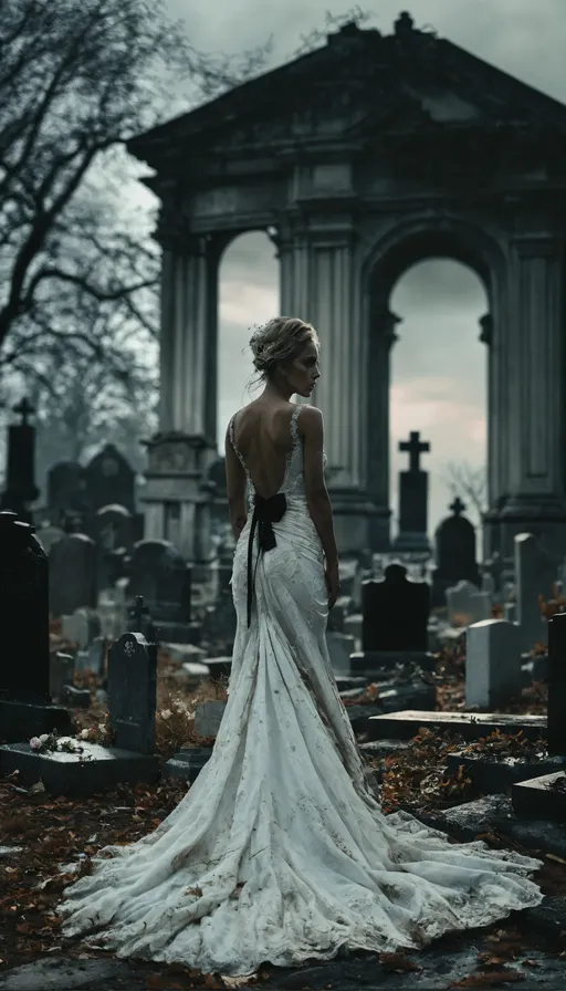 Prompt: a woman in a wedding dress standing in front of a cemetery, black tie, channeling mana, stefan gesell, epic grandiose, taschen, TIFF