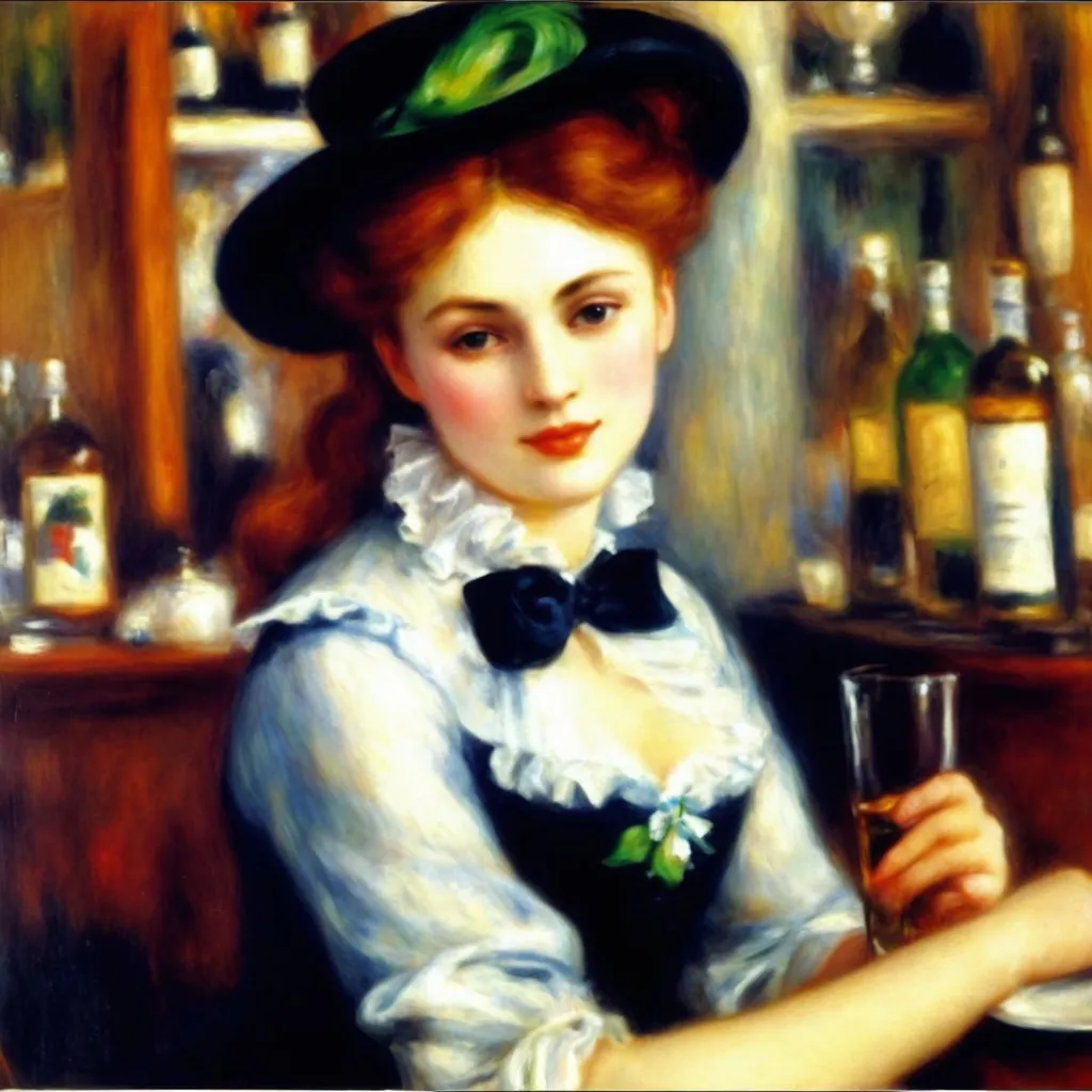 Prompt: Pierre-Auguste Renoir's oil painting of a gorgeous woman at a bar, absinthe, bohemian, sadness, 8k taschen, much wow, incredible art, Burlington Magazine, masterpiece, winning award image