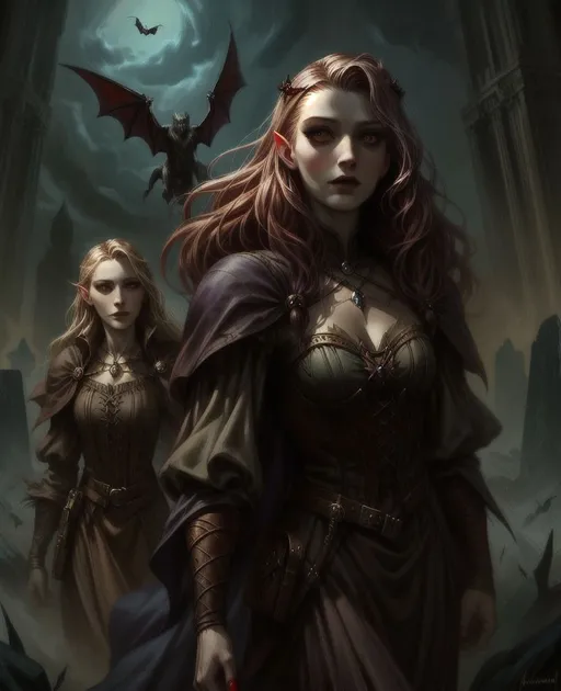 Prompt: a painting of a woman in a dress, beautiful scary female vampire, the dark tower, style of james gurney, sansa, bats flying over tombstones, by Claire Hummel, walking into a deep dark florest, handsome male vampire, by Mary C. Davidson, [[fantasy]], vril, batwings, john waterhouse