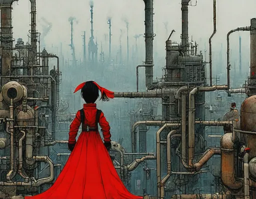 Prompt: a drawing of a girl standing on top of a building, dressed as a scavenger, industrial steam, the red citadel, panoramic view of girl, art by Sergio Aragones