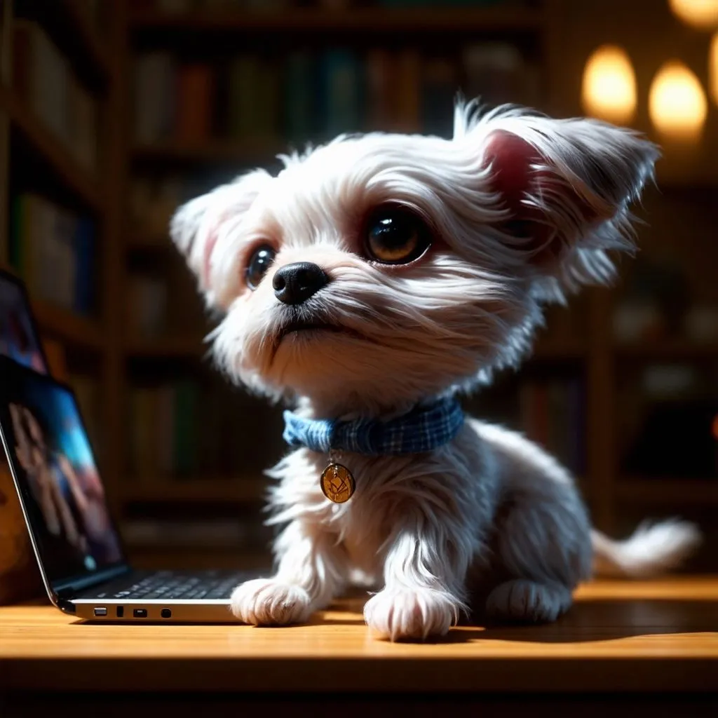 Prompt: ↑ ★★★★☆ ✦✦✦✦✦, Cute small humanoid dog sitting in front of laptop, vivid, high contrast, unreal engine, cozy indoor lighting, cinematic, design by mark ryden and pixar and hayao miyazaki, unreal 5, daz, hyperrealistic