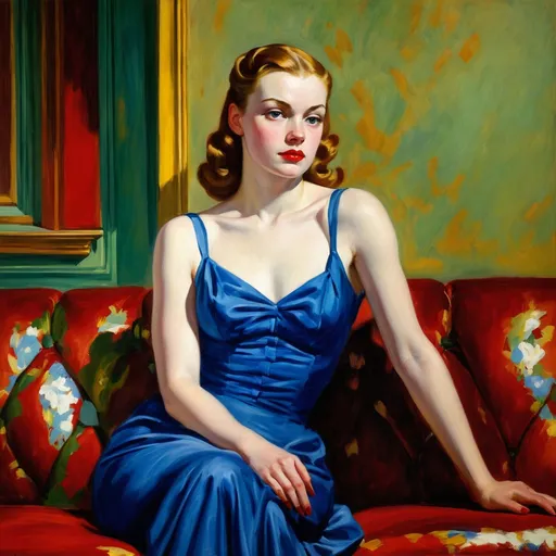 Prompt: ↑ ★★★★☆ ✦✦✦✦✦, an oil painting of a beautiful young woman sitting on top of a couch, edward hopper style, 1940s aesthetic, indigo! and venetian red!, professional, photoshoppainting, absurd res, TIFF