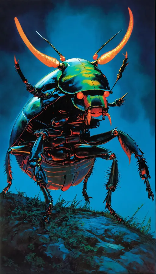 Prompt: samurai beetle, mixed media style illustration, bioluminescent lighting no long neck and second face, choo choo, speed (1994), inspired by Clyde Caldwell, louisiana, inspired by Jules Chéret, taschen, TIFF