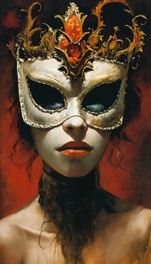 Prompt: centered, a woman wearing a venetian mask, symmetric face, by George Cruikshank, by Dave McKean, by Bob Eggleton, by Kevin Eastman,↑ ★★★★☆ ✦✦✦✦✦