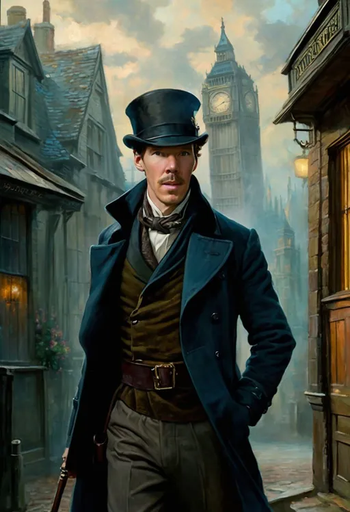 Prompt: ↑ ★★★★☆ ✦✦✦✦✦, Benedict Cumberbatch as Sherlock Holmes, cinematic lighting, a painting inspired by Thomas Kinkade, 2 0 5 6 x 2 0 5 6, intricate ”, dreamlike, taschen, TIFF