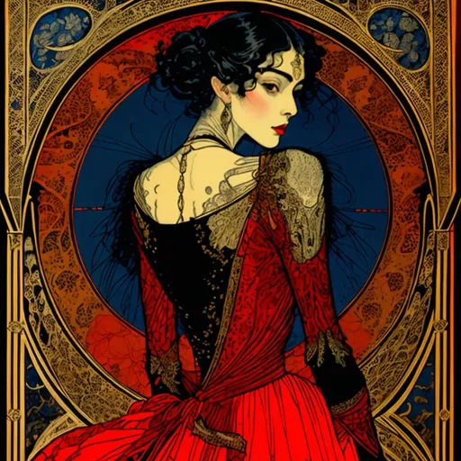 Prompt: a woman in a red dress by Harry Clarke, stunning moonlight and shadows, persian folktale artstyle, glamorous geisha, the wolf howls at the moon, art nouveau, in front of a pale full moon, taschen