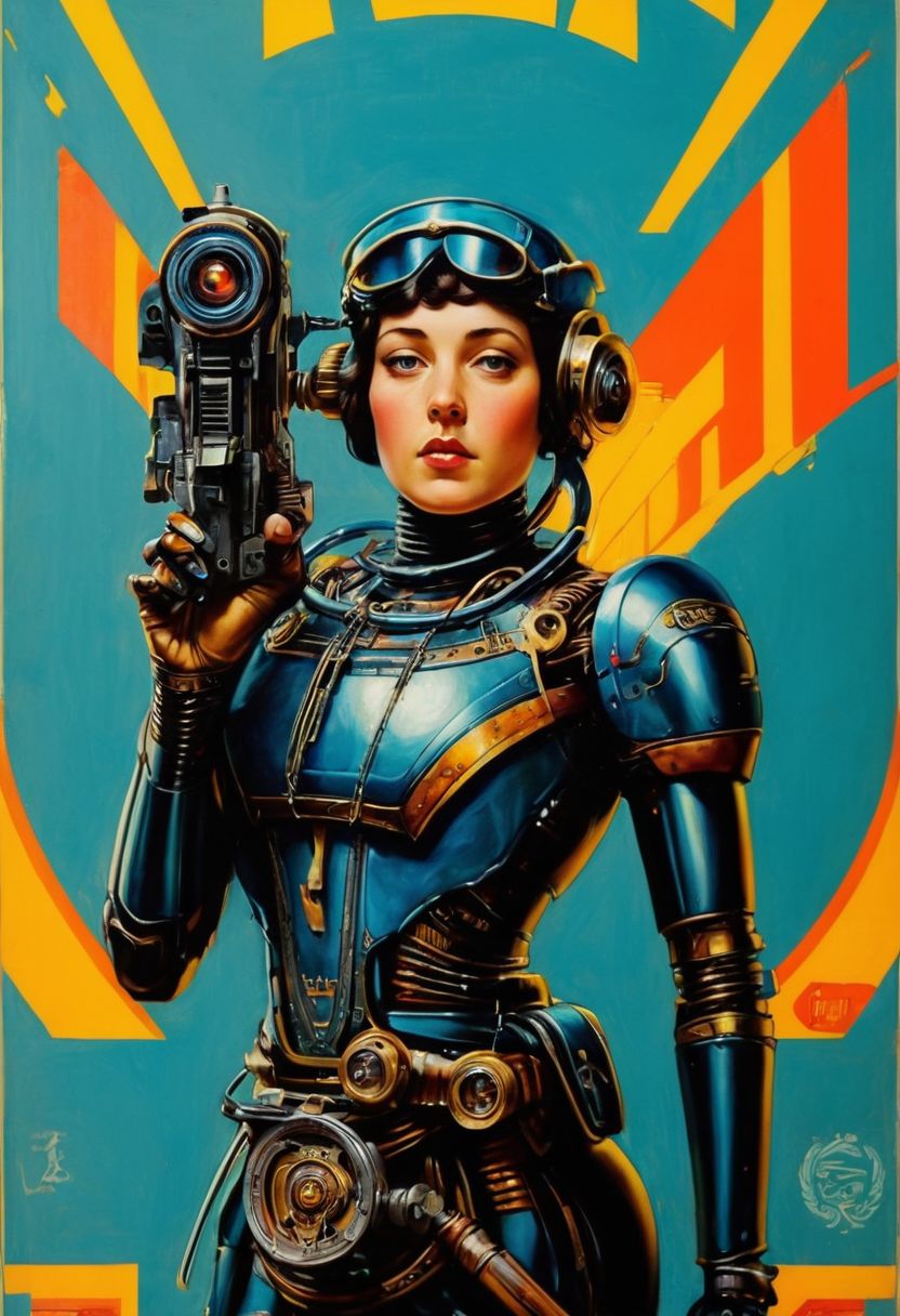 Prompt: ↑ ★★★★☆ ✦✦✦✦✦, raygun pistol, style medium shot 1920's poster, cyberpunk, robotic, a painting inspired by Anton Raphael Mengs and H. R. (Hans Ruedi) Giger, TIFF, tumblr, oil on canvas
