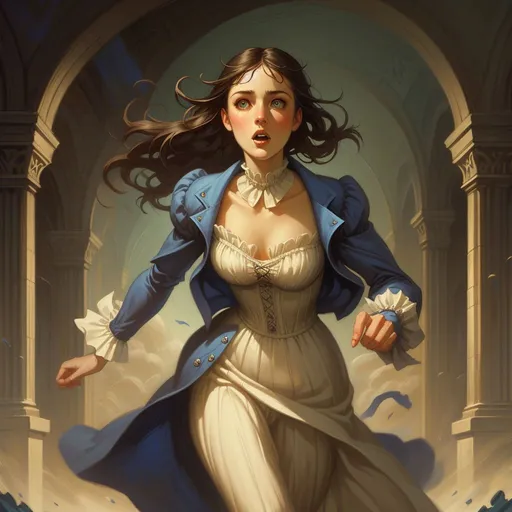Prompt: fantafier, zrpgstyle, a woman in a white dress running in fear, blue coat, horror theme, by Clyde Caldwell, pride and prejudice, gothic romance aesthetic, in the art style of bowater, by David Young Cameron