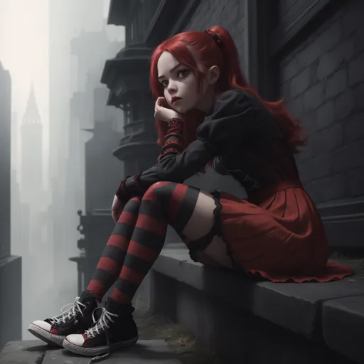 Prompt: a woman in a red dress and black and white striped tights, centralized urban fantasy, converse, the red queen, sally, tomboy, beautiful little girl, hunched over, sitting on the edge, trick or treat, vertical lines, deep colour, bright witch, laces, highest quality, ultra sharp, highly detailed, trending on artforum