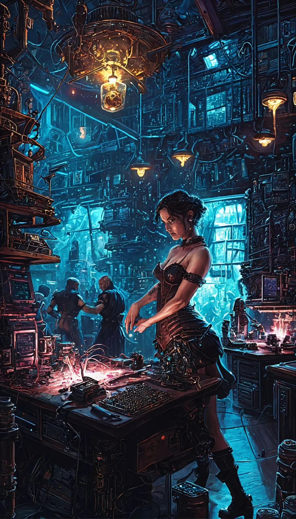 Prompt: diner scene, a highly detailed beautiful masterpiece painting of a technomagical laboratory cluttered with computers and arcane components, cg society contest winner, fantasy by dan mumford, a woman in a corset posing for a picture, fistfighting, taschen, TIFF