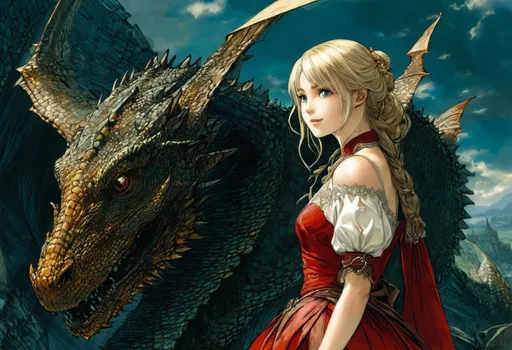 Prompt: character portrait, a woman with a dragon on her shoulder, drogon, manga front cover, blonde - haired princess, ultra sharp, highly detailed, highest quality, art by Akihiko Yoshida and Eiichiro Oda, smooth, sharp focus, trending, artstation, artforum, behance hd, artbreeder