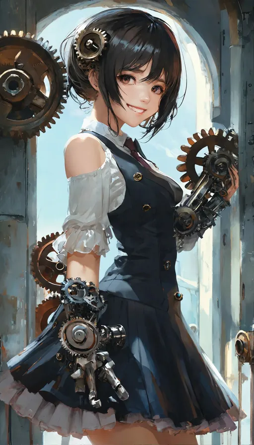 Prompt: stunning details, (gears), prisoner, featured on pixiv, twirly, dressed in a beautiful, happy!!!, lynchian, girl in suit, devoted