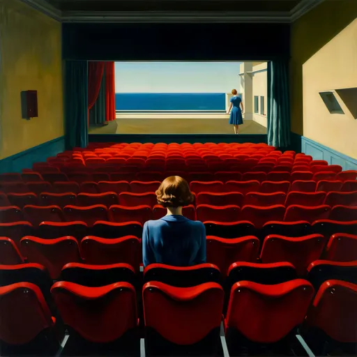 Prompt: a painting of a solitary lonely woman, sad face, alone in an empty cinema, by Edward Hopper, 1930s fashion, 1930s aesthetic, highly detailed, sharp focus, masterpiece, oil on canvas