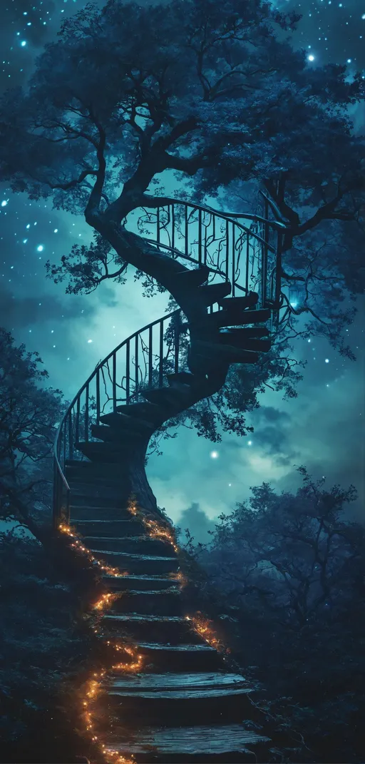 Prompt: a stairway in the middle of a forest at night, tree of life brains, beautiful artist rendering, atmospheric photograph, enchanted dreams. instagram, otherwordly concept, twinkling and spiral nubela, cryptonomicon, connecting life, an old twisted tree, ladder