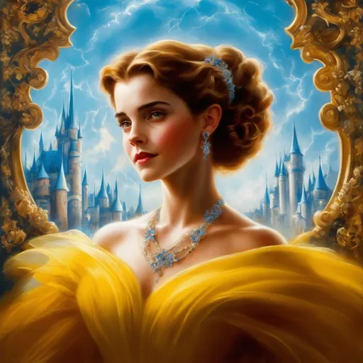 Prompt: Rolf Armstrong's picture of Emma Watson as Belle from Beauty and the Beast, pastel on board, high detail, commission for artstation hd, #screenshotsaturday, #myportfolio, pixel perfect, contest winner, 32k huhd, pixiv