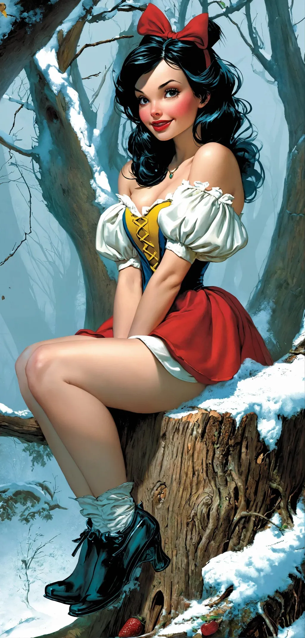 Prompt: a woman sitting on top of a tree stump, snow white, zenescope, magazine cover art, disney artstyle, quaint, belle, bite, strange fruits, smirking deviously, idealised, the metaverse, white rabbit, half wooden pinocchio, by Allan Brooks, eyecandy