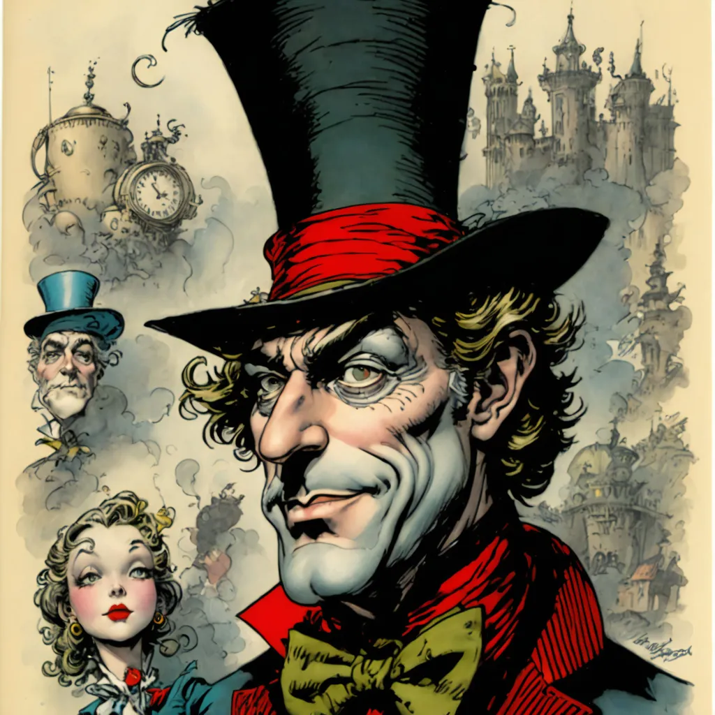 Prompt: Steampunk Mad Hatter, by Alex Ross and Brian Bolland and Dr. Seuss and John Tenniel and George Cruikshank and Maurice Sendak and Neal Adams, ↑ ★★★★☆ ✦✦✦✦✦, taschen, TIFF,