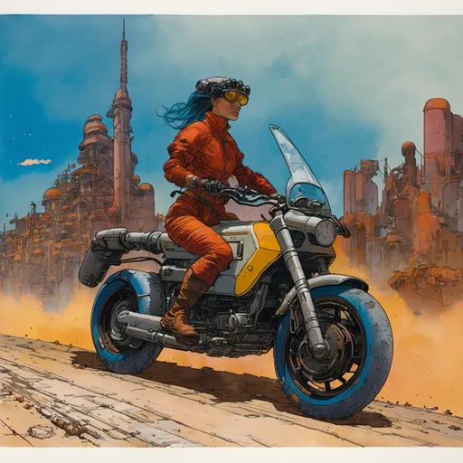 Prompt: Jean Giraud's coloured ink wash of a cyberpunk woman riding a hover bike, comic book style, gouache, post apocalyptic, professional, masterpiece, artstation hq, behance hd, taschen, TIFF, 8k uhd