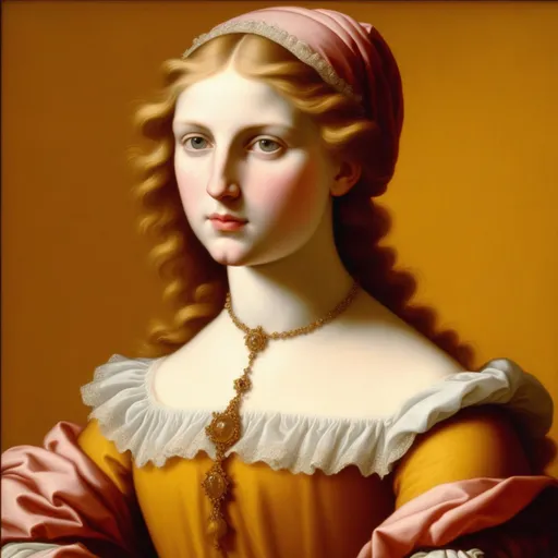 Prompt: Lorenzo Monaco's high detail picture of a gorgeous young lady, tempera on panel, muted brown yellow and blacks, early renaissance style, flat, square image, centered, masterpiece, 32k huhd