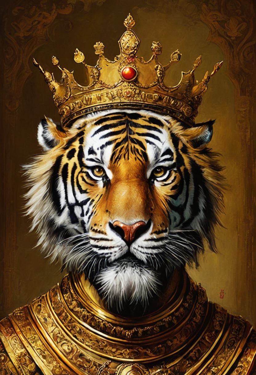 Prompt: A humanoid animal king tiger with a crown, TIFF