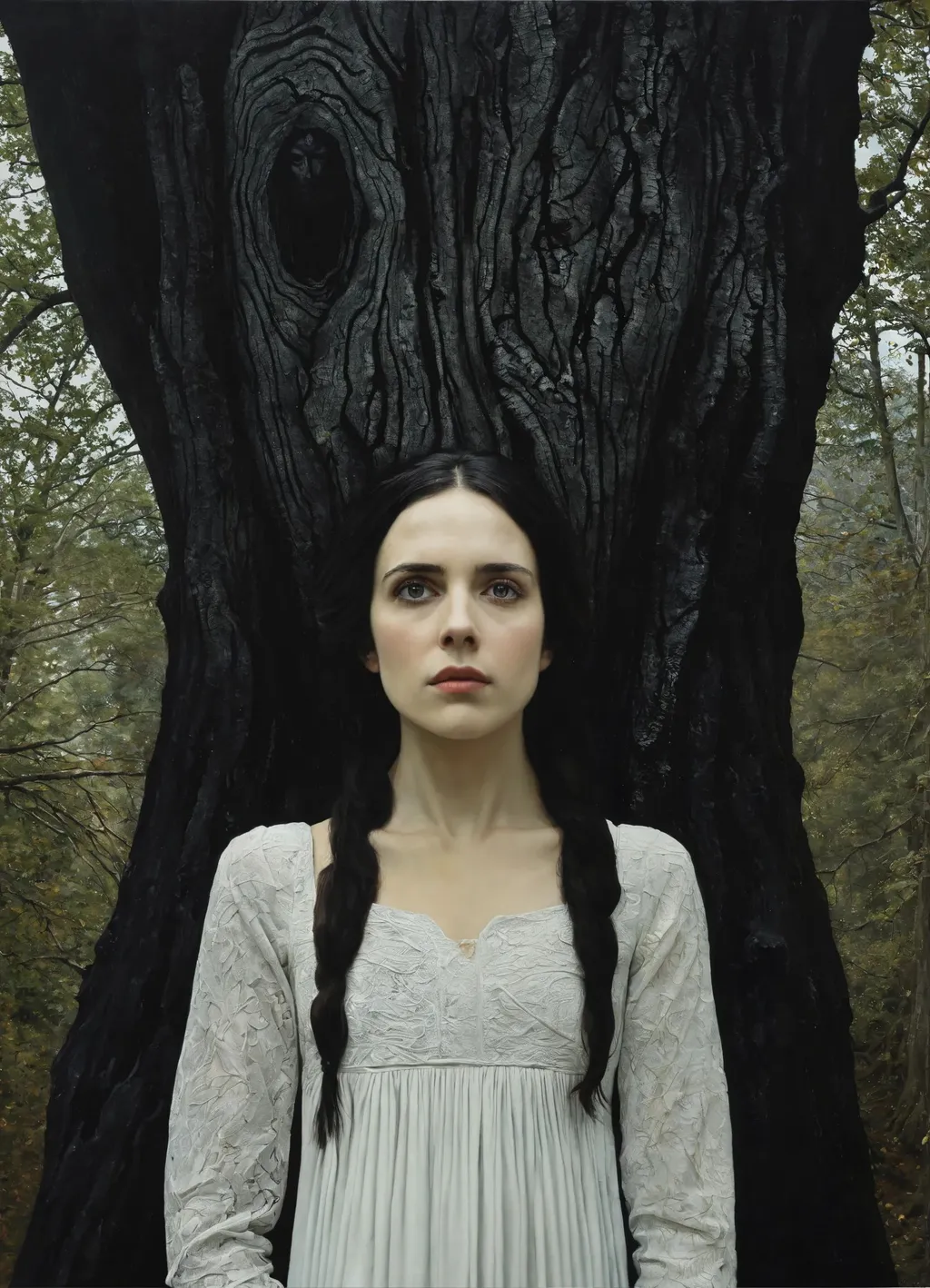 Prompt: a woman in a black dress, fear, photoshoppainting, a fine art painting, highly-detailed symetric face, a woman in a white dress standing next to a tree, taschen, TIFF