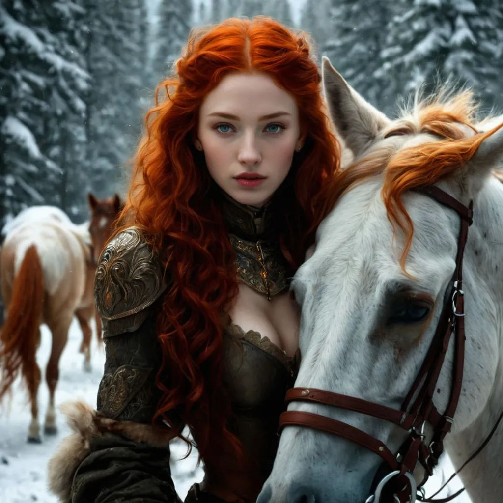 Prompt: a woman standing next to a horse in the snow, trending digital fantasy art, beautiful redhead woman, 🎀 🪓 🧚, loving amber eyes, leaving for battle, two beautiful women in love, photoshoppainting, with curly red hair, jean, very beautiful girl, wolves and their treasures, alena, sansa