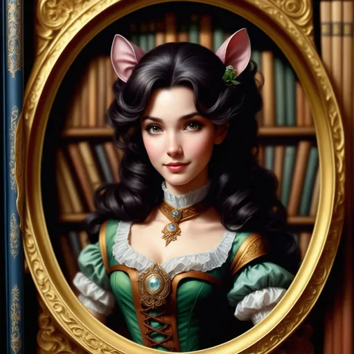 Prompt: a gorgeous mousy brunette woman, ((librarian in a magical fantasy library)), shy, sweet smile, wearing victorian fantasy aesthetic librarian costume, a comic book panel by Artgerm, Magali Villeneuve, deviantart contest winner, superflat, dc comics, official art, high resolution, taschen, TIFF