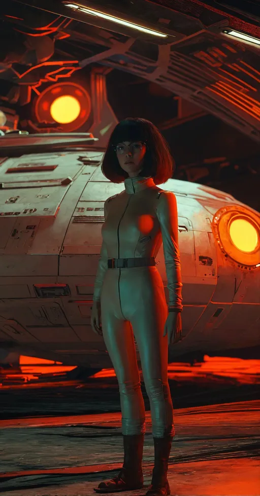 Prompt: photoshoppainting, miyazaki, velma, realistic fantasy photography, clean image, #screenshotsaturday, nagel, pixiv, a woman standing in front of a spaceship, unreal engine, 70’s