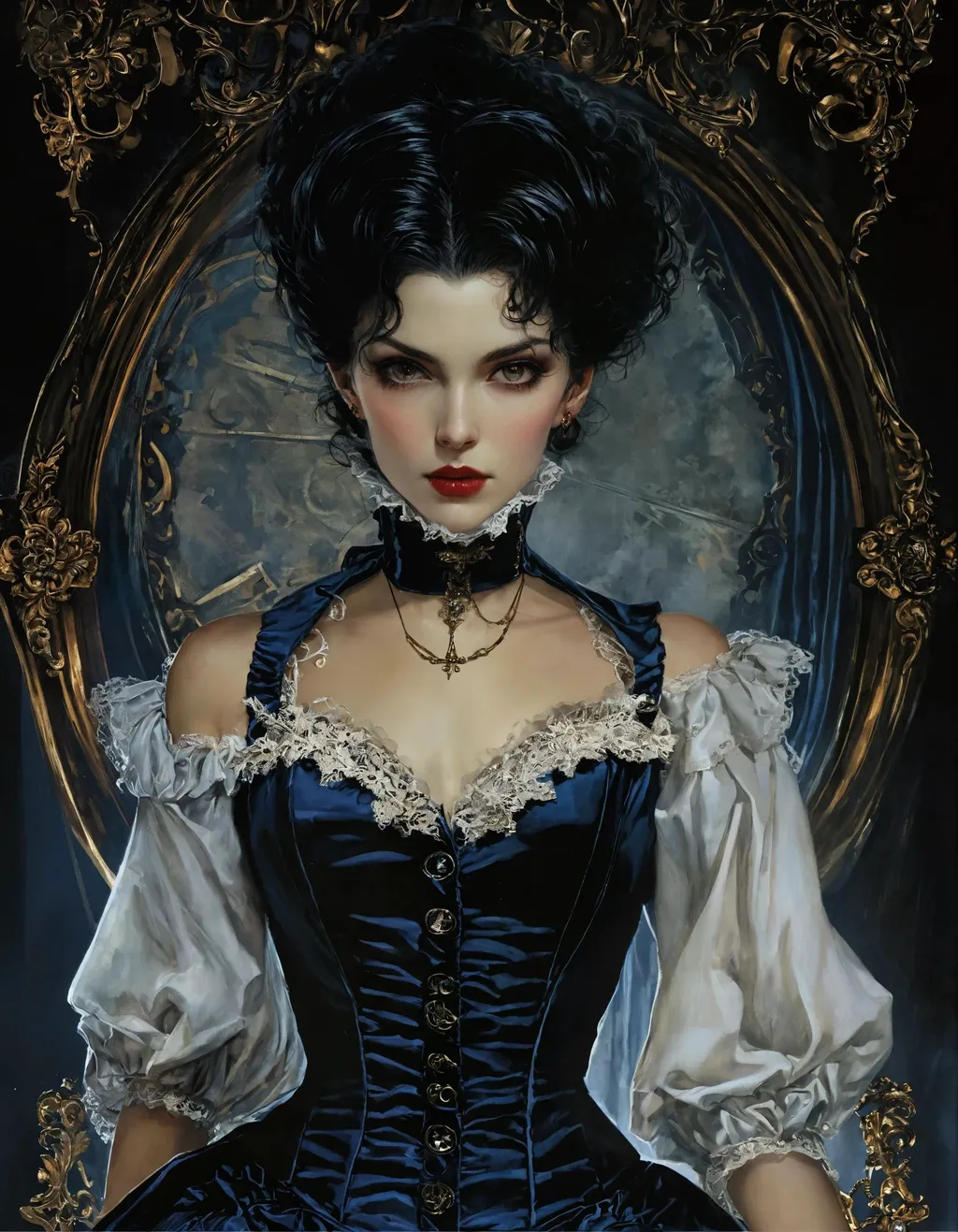 Prompt: elizabeth, intricate costume design, twirly, by Eizan Kikukawa, clockface, a book cover for men only, promotional render, elegant victorian vampire, by Clyde Caldwell, furious dark haired women, taschen, TIFF