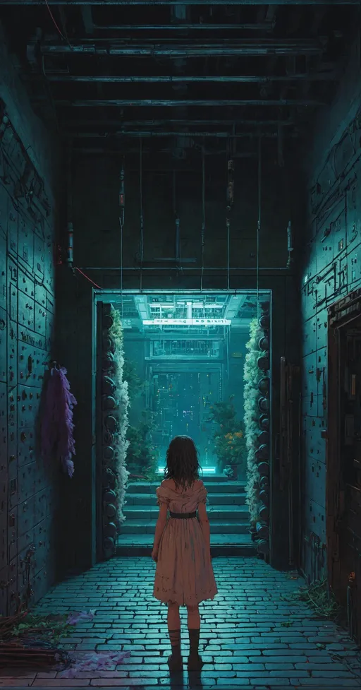 Prompt: loom, pixel perfect, clean image, set in cyberpunk bank vault, hyper detailed, people looking at a house, leaving a room, midsommar, medieval dress. Witch, portrait of a young teenage girl, miyazaki