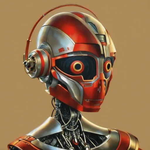 Prompt: a robot with a helmet on it's head, martin ansin artwork portrait, metal skull with red eyes, inspired by Huang Tingjian, dark video game icon design, interconnected human lifeforms, ascii, artstation hq, terminator 2 movie, inspired by Kaigetsud Ando, by Lu Zhi