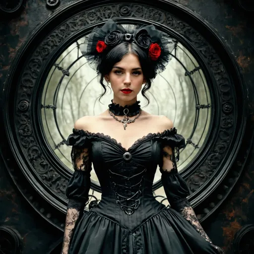 Prompt: a woman in a black dress standing on a path, steampunk clothes, funeral, by Chica Macnab, casual clothing, dark colours, from the duchy of lituania, wearing amazing clothes, dark colour, lolita style, white and black clothing, in a halloween style, black circle, in the park, black design