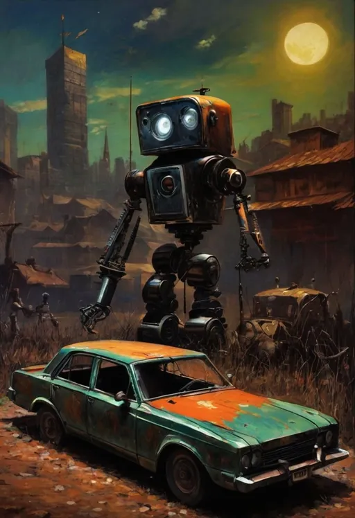 Prompt: robot made from car parts, in the style of Machinarium, on display in Musee D'Orsay, on display in The Metropolitan Museum of Art, on display in MoMA, TIFF