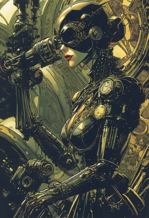 Prompt: graphic novel panel, woman, biomechanical steampunk vehicle reminiscent of fast sportscar, robotic parts, by Mike Allred and Marc Silvestri and Neal Adams, gothic and baroque, ↑ ★★★★☆ ✦✦✦✦✦, taschen, TIFF,