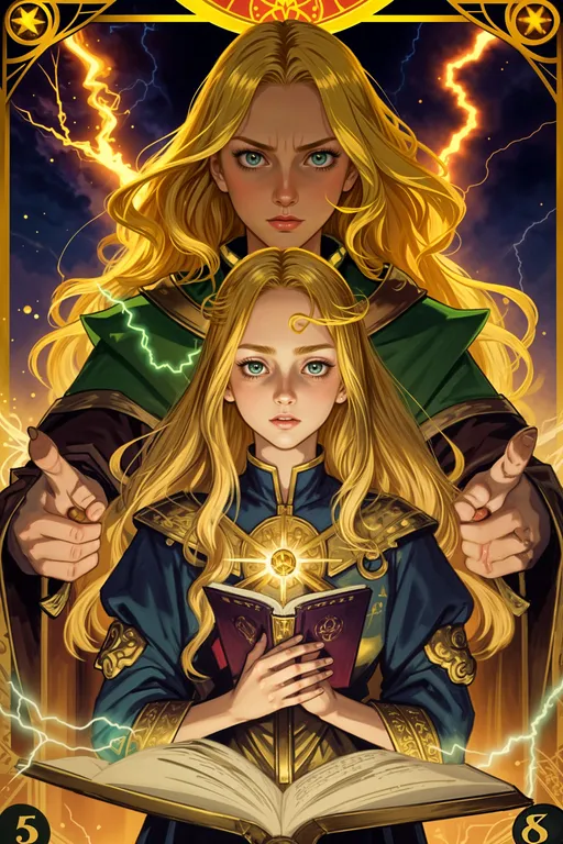 Prompt: tarot card Anime illustration, a golden-haired woman, ornate golden cloth robes, dramatic lighting, green pupils that radiate lightning, spell book in one hand