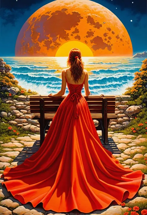 Prompt: an sks painting of a woman sitting on a bench with a red sun in the background, 1990s horror book cover, istock, TIFF