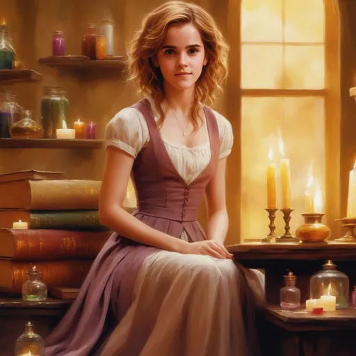 Prompt: Emma Watson as Hermione Granger sitting in a potions class with candles, wearing Hogwarts clothing, by Thomas Kinkade, oil on canvas, fantasy, ray tracing, vibrant, 8k, pixel perfect, behance hd, award winning, #myportfolio, TIFF