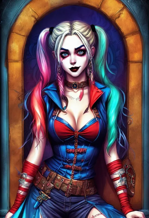 Prompt: Portrait of harley quinn, in an ancient vault, killstar, ((style mix of æon flux)), spying discretly, (medieval fantasy illustration), prismatic, smiling as a queen of fairies, taschen, TIFF