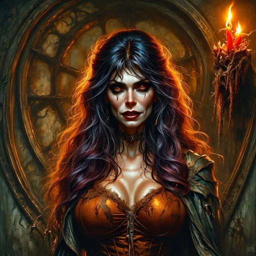Prompt: a woman standing in front of a bunch of zombies, elvira in tattered clothes, as a panel of a marvel comic, female anthropomorphic wolf, candlelight, dungeon and dragons art, bbc promotional artwork, mummy, joe alves, necro, lob