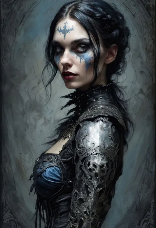Prompt: raven black hair, bluish face, a painting of a woman sitting at a table, Woman gothic knight necromancer summoner, by Emily Mason, octane render, inspired by Dustin Nguyen, dug stanat, intricate body, taschen, TIFF