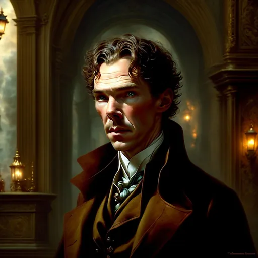 Prompt: Benedict Cumberbatch as Sherlock Holmes, cinematic lighting, by Thomas Kinkade, dreamlike