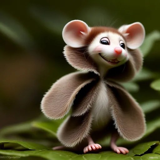 Prompt: a very cute baby mouse, wet but smiling hides from the rain under a large burdock leaf, moss, flowers, forest, fireflies around, night, fog, tenebroso, grazioso, LED lighting, pastel colors, taschen