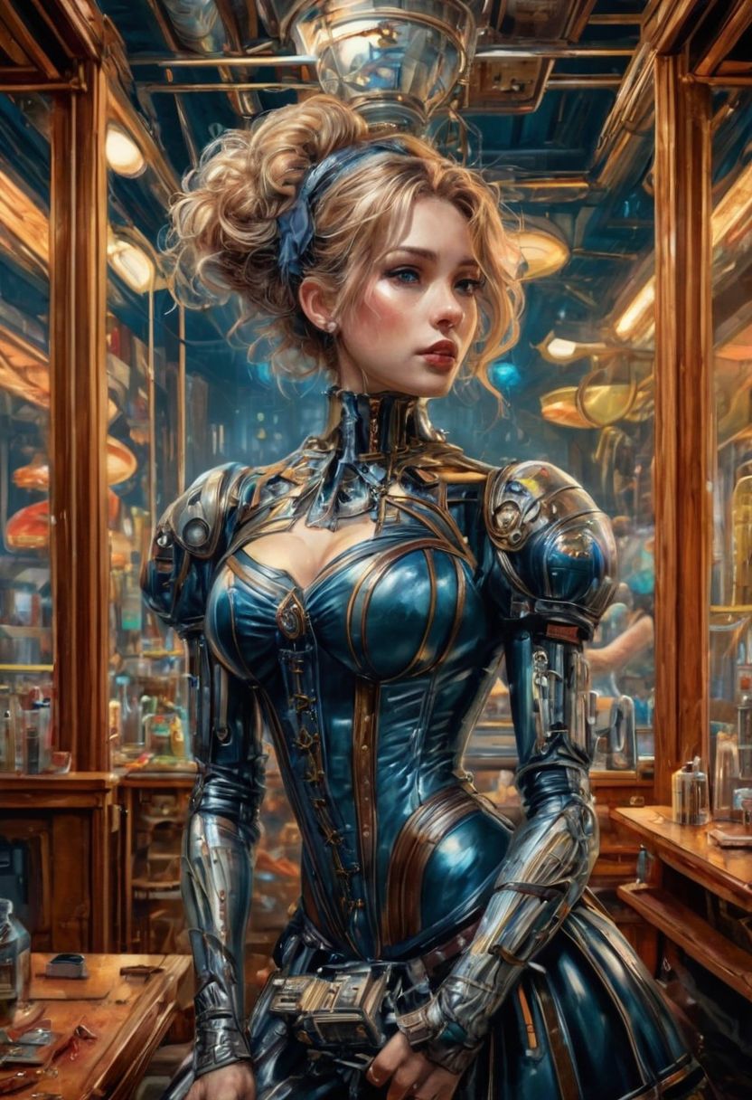 Prompt: diner scene, a highly detailed beautiful masterpiece painting of a technomagical laboratory cluttered with computers and arcane components, cg society contest winner, fantasy by dan mumford, a woman in a corset posing for a picture, fistfighting, taschen, TIFF